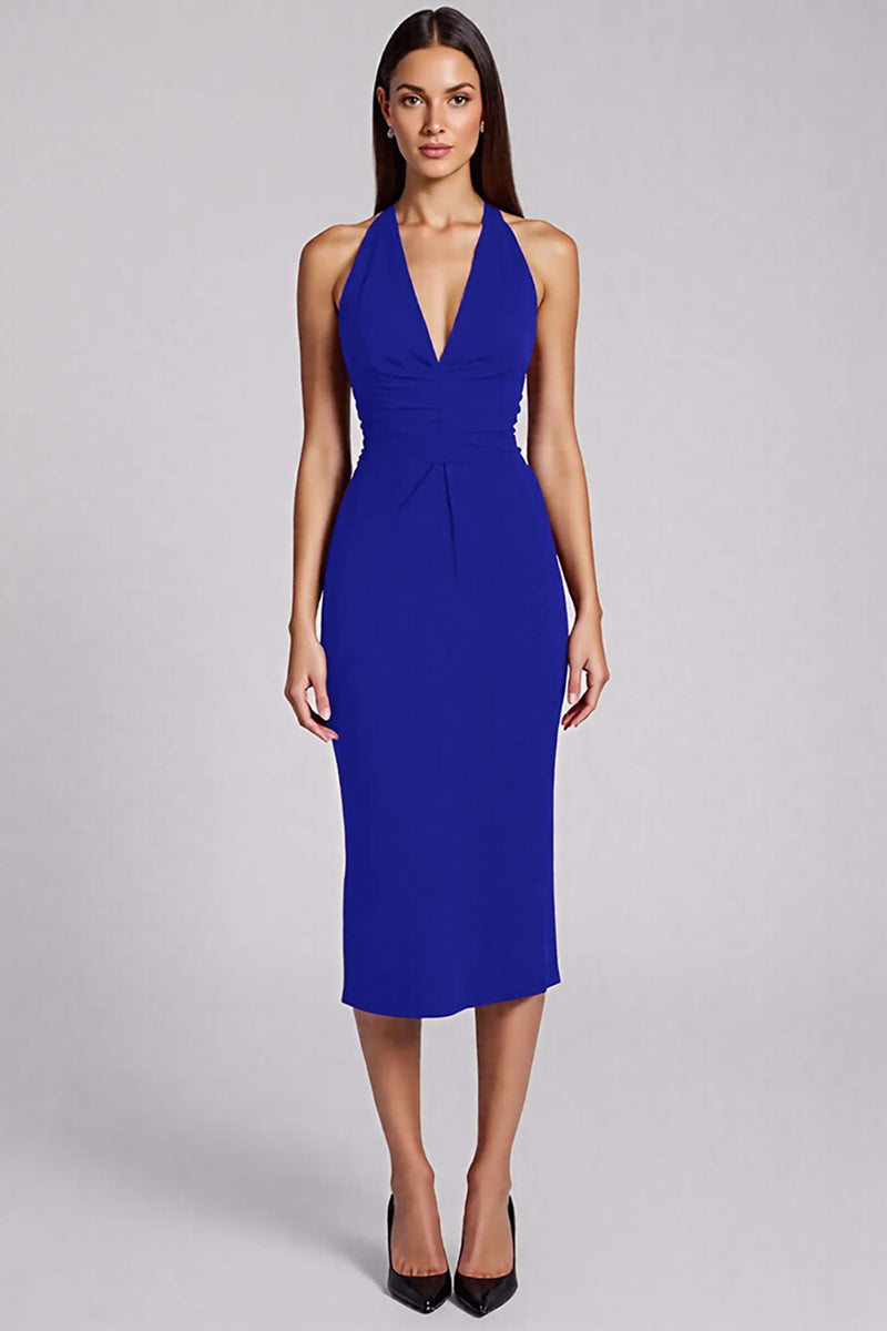 Laden Sie das Bild in den Galerie-Viewer, Burgunderrotes Etui Neckholder Midi Abendkleid mit Schlitz