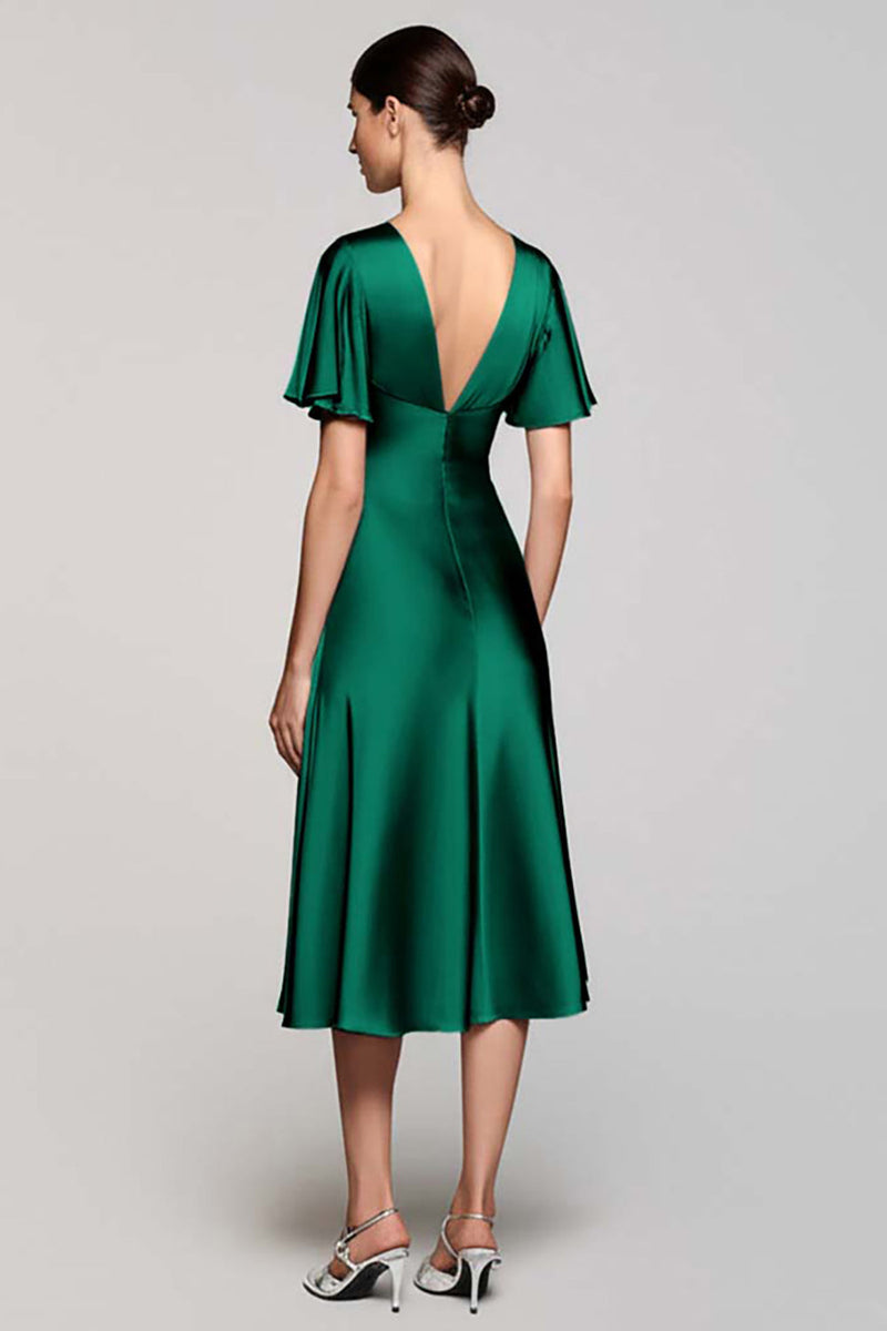 Laden Sie das Bild in den Galerie-Viewer, A Linie Kurzärmeliges Graues Midi Ballkleid mit Rüschen