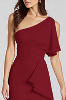 Laden Sie das Bild in den Galerie-Viewer, Elfenbein Etui Midi Partykleid mit Rüschen und einer Schulter