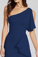 Laden Sie das Bild in den Galerie-Viewer, Elfenbein Etui Midi Partykleid mit Rüschen und einer Schulter