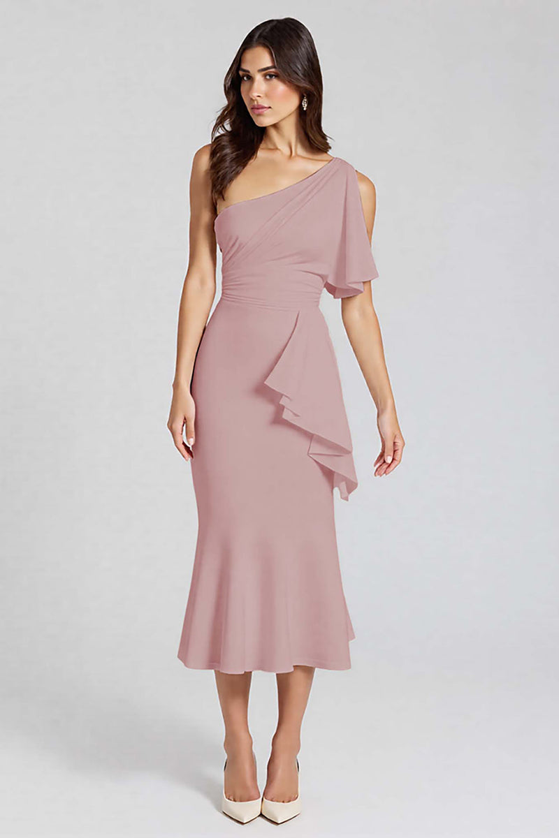 Laden Sie das Bild in den Galerie-Viewer, Elfenbein Etui Midi Partykleid mit Rüschen und einer Schulter