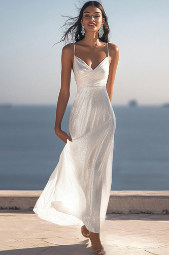 Glitzerndes Elfenbein Spaghettiträger Pailletten Langes Standesamtkleid