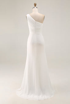 Chiffon Elfenbein Eine Schulter Maxi Etui Strand Standesamt Kleid mit Schlitz