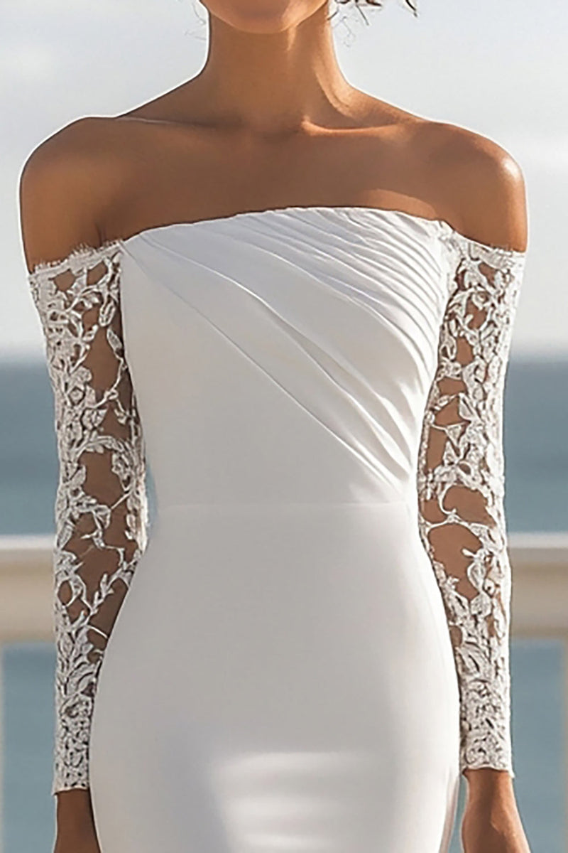 Laden Sie das Bild in den Galerie-Viewer, Elfenbein Chiffon Maxi Standesamtkleid aus Chiffon mit Rüschen und Ärmeln