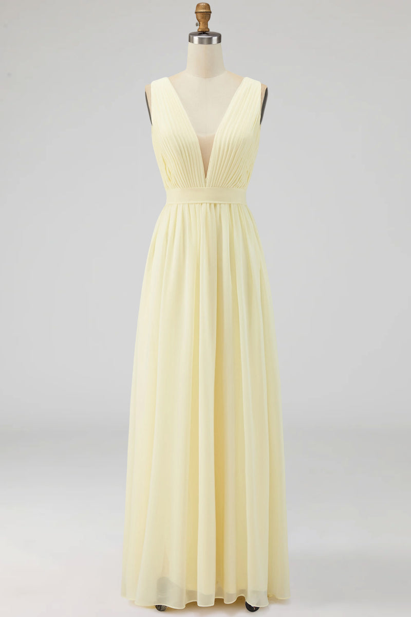 Laden Sie das Bild in den Galerie-Viewer, Elfenbein Maxi Chiffon Standesamtkleid mit Rüschen und tiefem V-Ausschnitt