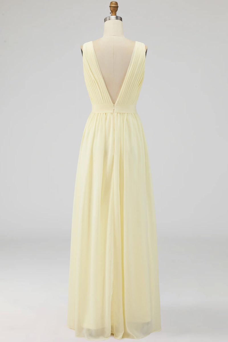Laden Sie das Bild in den Galerie-Viewer, Elfenbein Maxi Chiffon Standesamtkleid mit Rüschen und tiefem V-Ausschnitt