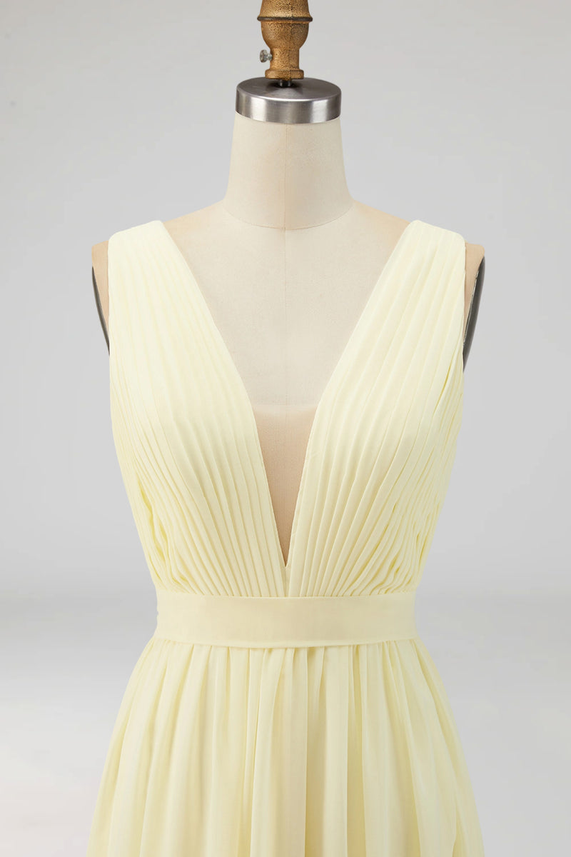 Laden Sie das Bild in den Galerie-Viewer, Elfenbein Maxi Chiffon Standesamtkleid mit Rüschen und tiefem V-Ausschnitt