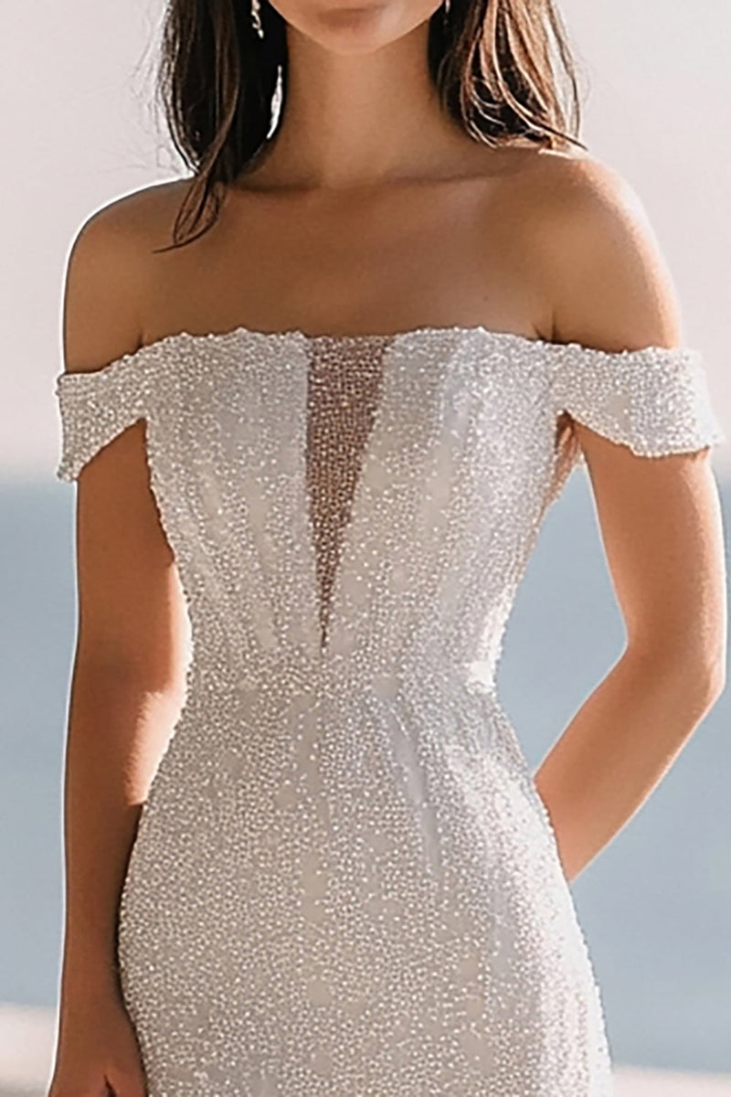 Laden Sie das Bild in den Galerie-Viewer, Glitzerndes Elfenbein Schulterfreies Maxi Standesamtkleid mit Pailletten und Schlitz