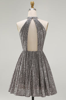 Glitzerndes Silbernes Cocktailkleid in A-Linie mit offenem Rückenausschnitt