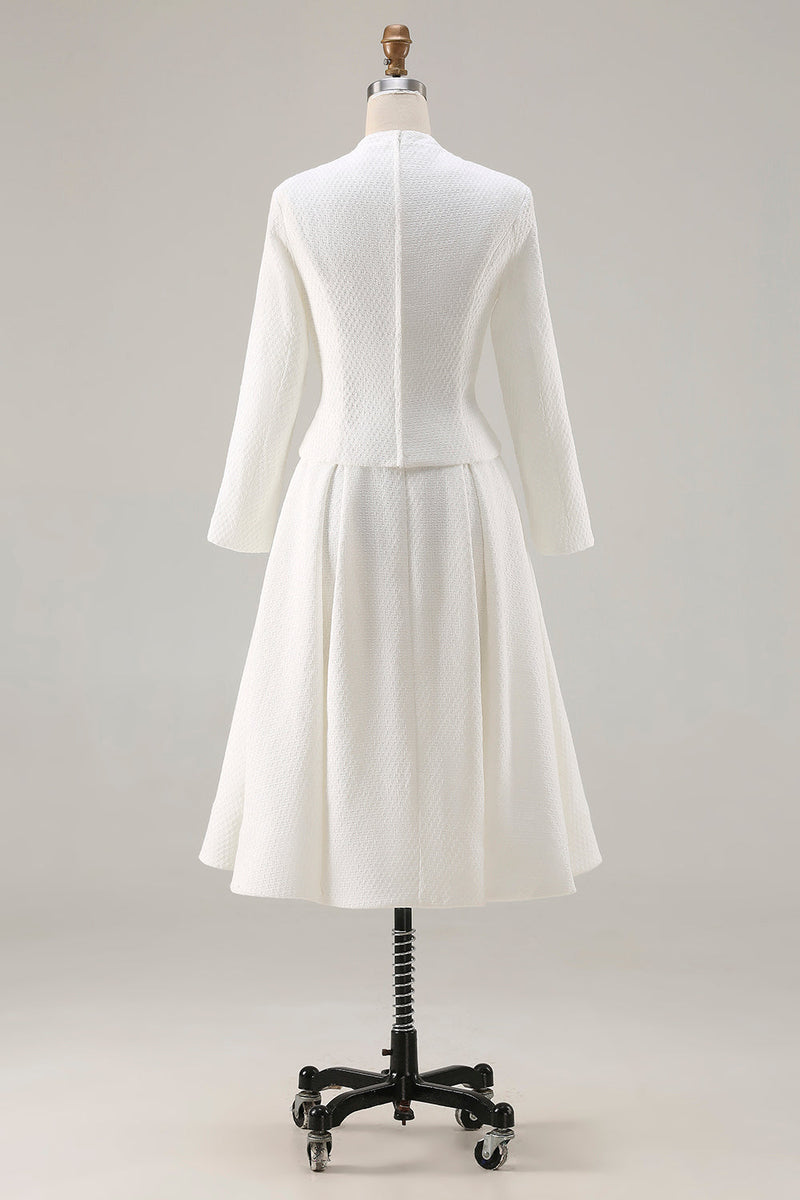 Laden Sie das Bild in den Galerie-Viewer, Elfenbein A-Linie Langärmeliges Midi Arbeitskleid mit rundem Ausschnitt