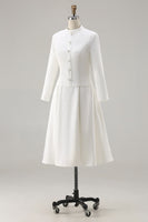 Laden Sie das Bild in den Galerie-Viewer, Elfenbein A-Linie Langärmeliges Midi Arbeitskleid mit rundem Ausschnitt