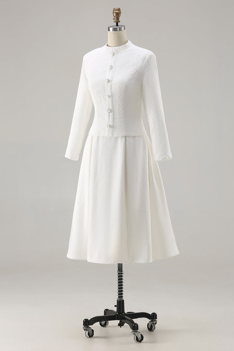 Laden Sie das Bild in den Galerie-Viewer, Elfenbein A-Linie Langärmeliges Midi Arbeitskleid mit rundem Ausschnitt