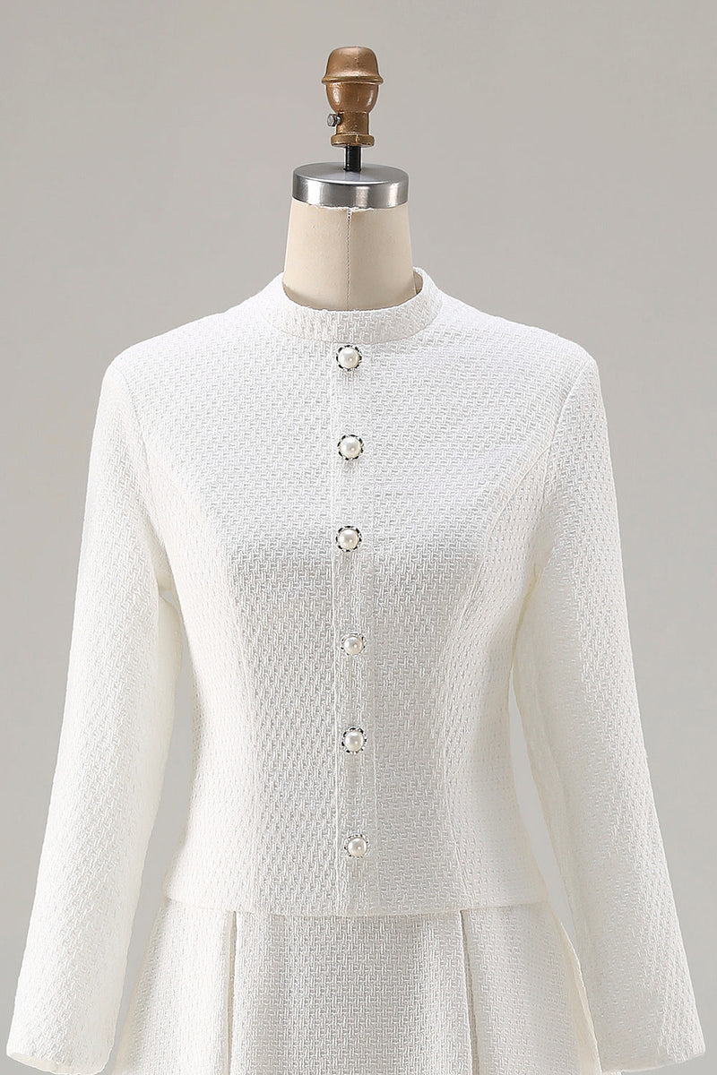 Laden Sie das Bild in den Galerie-Viewer, Elfenbein A-Linie Langärmeliges Midi Arbeitskleid mit rundem Ausschnitt