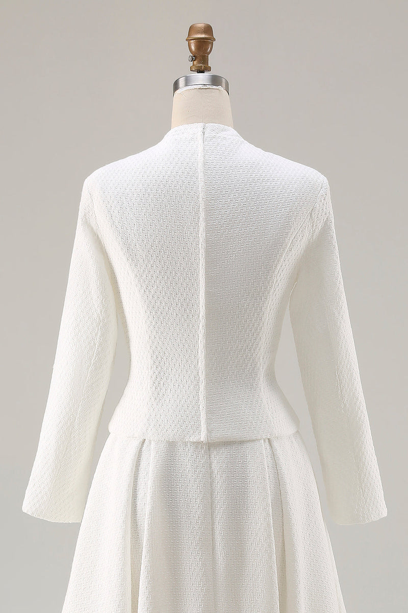 Laden Sie das Bild in den Galerie-Viewer, Elfenbein A-Linie Langärmeliges Midi Arbeitskleid mit rundem Ausschnitt