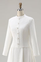 Laden Sie das Bild in den Galerie-Viewer, Elfenbein A-Linie Langärmeliges Midi Arbeitskleid mit rundem Ausschnitt