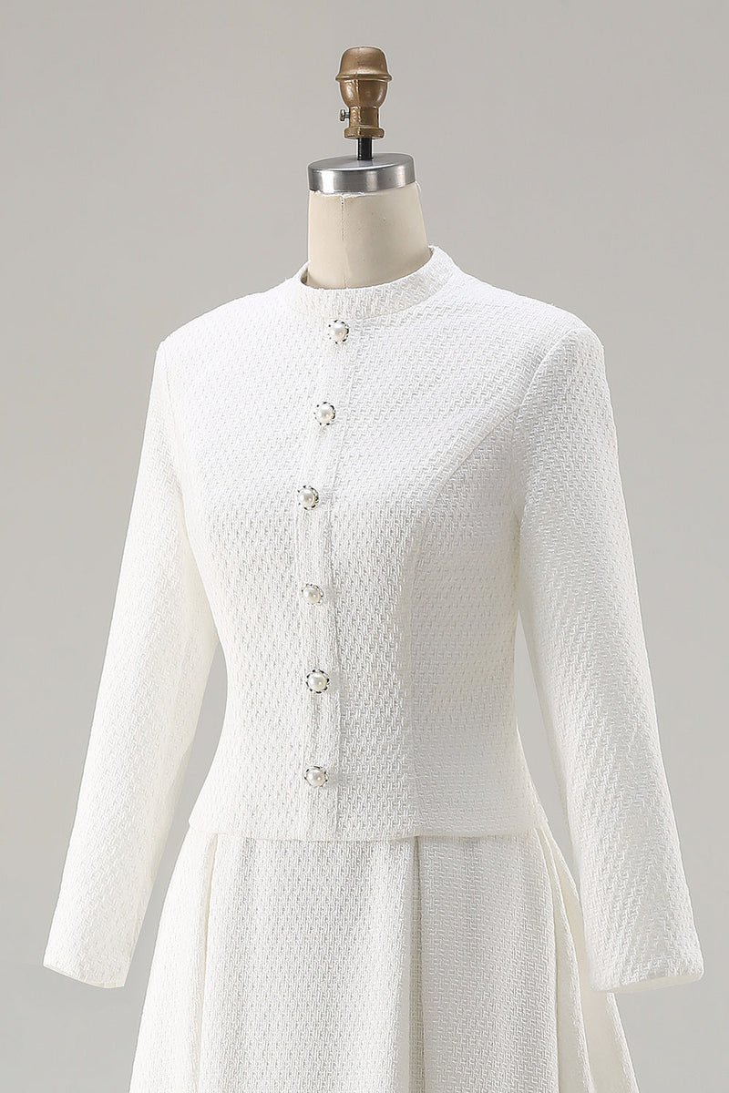 Laden Sie das Bild in den Galerie-Viewer, Elfenbein A-Linie Langärmeliges Midi Arbeitskleid mit rundem Ausschnitt