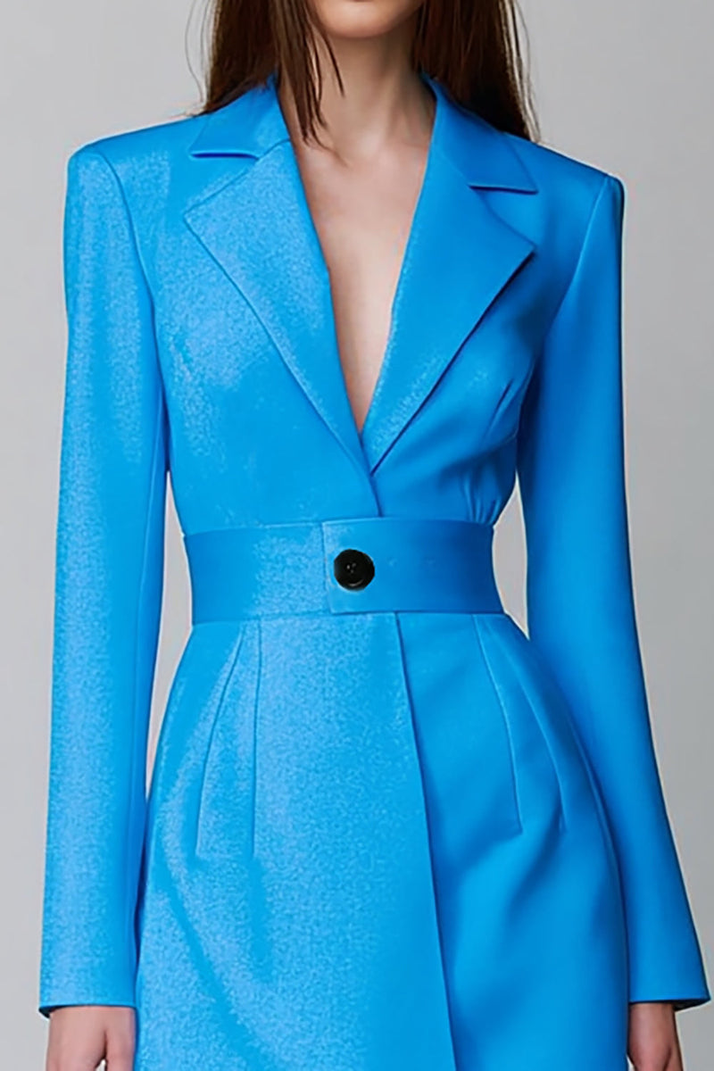 Laden Sie das Bild in den Galerie-Viewer, Blaues Kurzes Blazerkleid mit langen Ärmeln und gekerbtem Revers