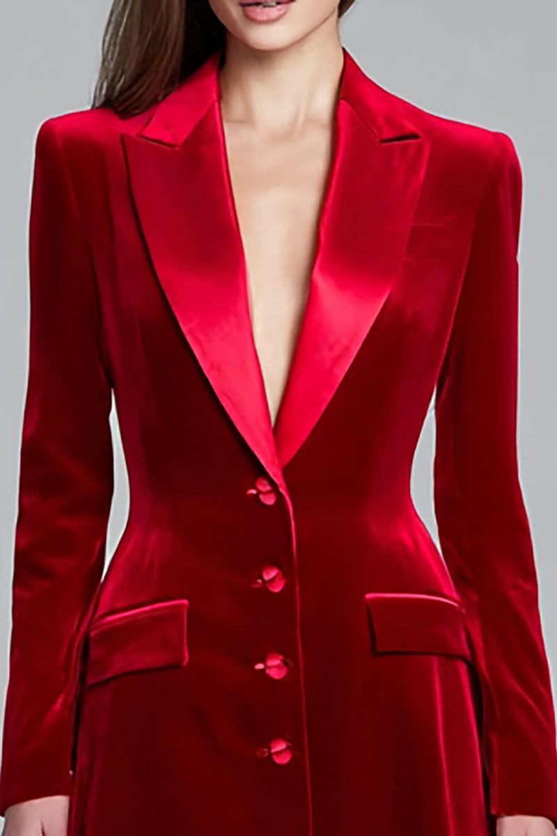 Laden Sie das Bild in den Galerie-Viewer, Burgunder Einreihiges Blazerkleid aus Samt mit spitzem Revers