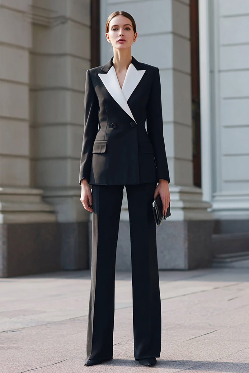 Laden Sie das Bild in den Galerie-Viewer, Schwarze 2-teilige Business Anzüge mit gekerbtem Revers und Ärmeln