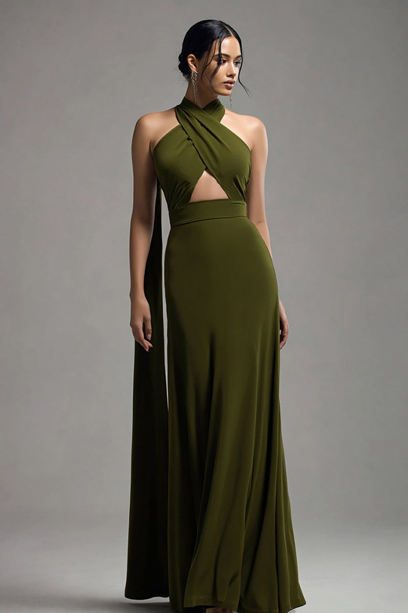 Laden Sie das Bild in den Galerie-Viewer, Neckholder Olive Chiffon A Linie Plissee Ballkleid