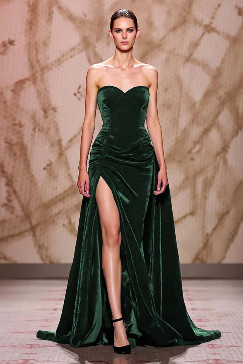 Laden Sie das Bild in den Galerie-Viewer, Samt Dunkelrotes Herzausschnitt Langes Abendkleid mit Schlitz