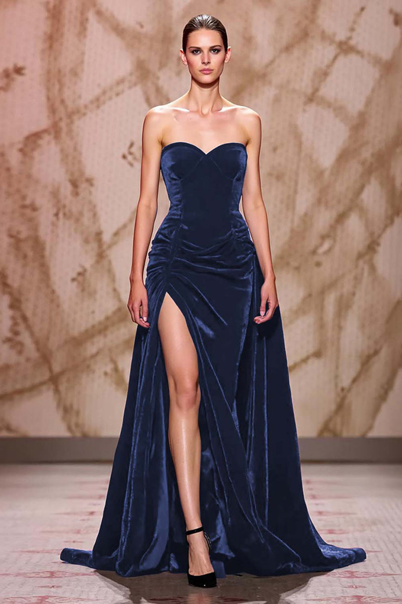 Laden Sie das Bild in den Galerie-Viewer, Samt Dunkelrotes Herzausschnitt Langes Abendkleid mit Schlitz