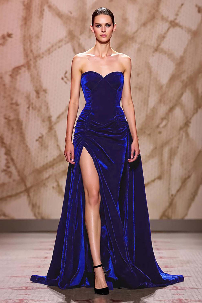 Laden Sie das Bild in den Galerie-Viewer, Samt Dunkelrotes Herzausschnitt Langes Abendkleid mit Schlitz