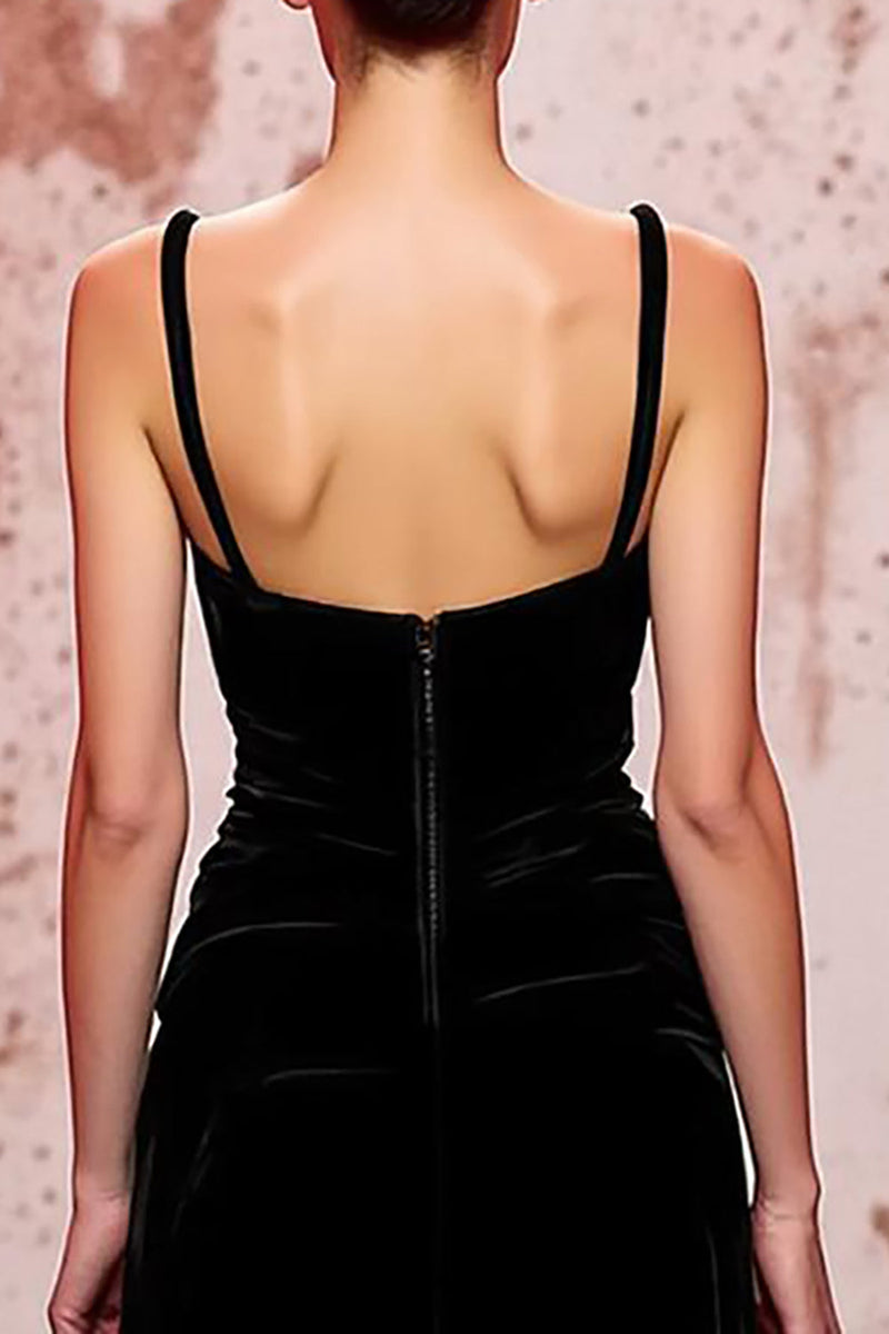 Laden Sie das Bild in den Galerie-Viewer, Einfaches Schwarzes Langes Abendkleid aus Samt mit Spaghettiträgern