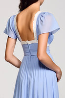 Laden Sie das Bild in den Galerie-Viewer, A Linie Hellblaues Langes Hochzeitsgastkleid mit Schärpe