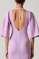 Laden Sie das Bild in den Galerie-Viewer, Hellviolettes Etui Hochzeitsgastkleid mit Rüschenärmeln und Schlitz