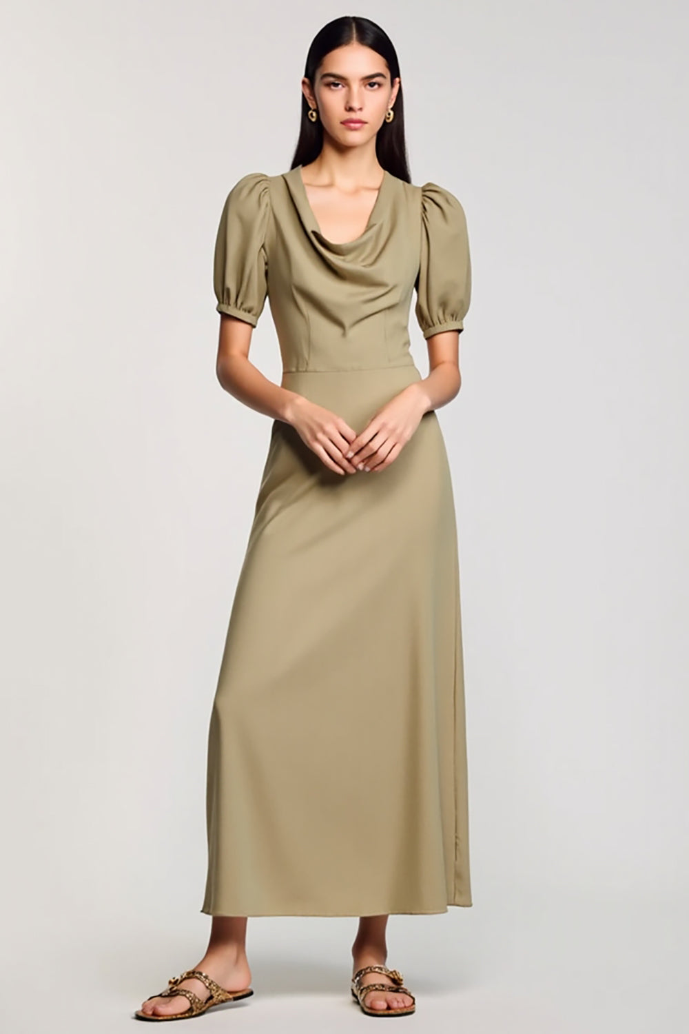 Wasserfall Ausschnitt Etui Langes Olive Hochzeitsgastkleid