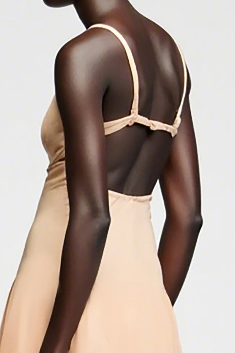 Laden Sie das Bild in den Galerie-Viewer, A-Linie Aprikose Spaghettiträger Hochzeitsgastkleid mit Schlitz