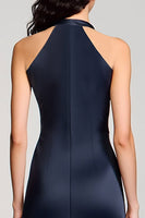 Laden Sie das Bild in den Galerie-Viewer, Neckholder Marineblaues Etui Midi Hochzeitskleid für Gäste