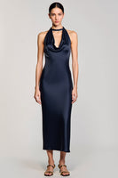 Laden Sie das Bild in den Galerie-Viewer, Neckholder Marineblaues Etui Midi Hochzeitskleid für Gäste