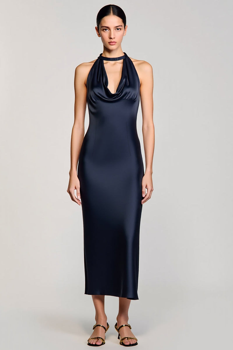 Laden Sie das Bild in den Galerie-Viewer, Neckholder Marineblaues Etui Midi Hochzeitskleid für Gäste