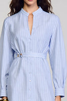 Laden Sie das Bild in den Galerie-Viewer, Langärmeliges Arbeitskleid mit blauen Streifen und Gürtel