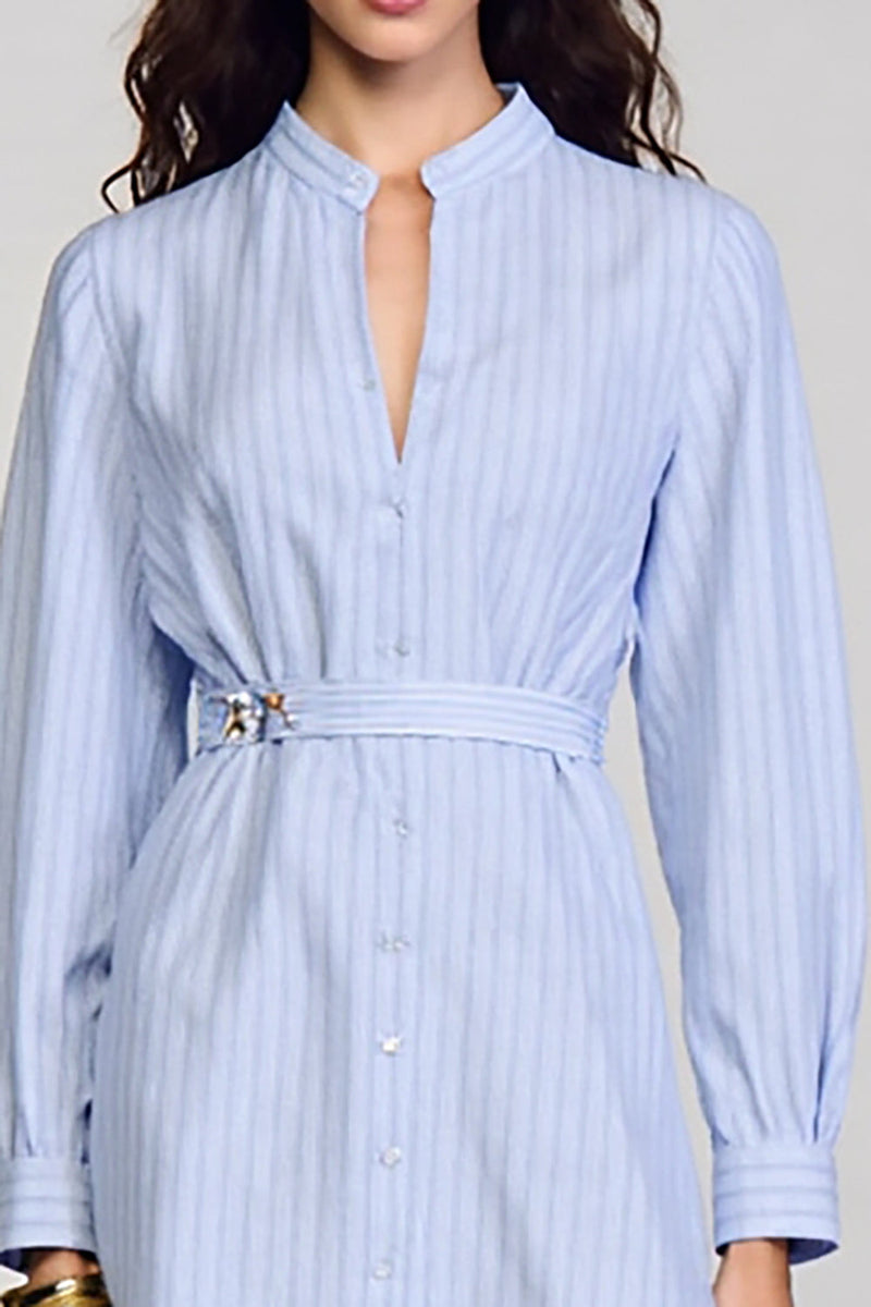 Laden Sie das Bild in den Galerie-Viewer, Langärmeliges Arbeitskleid mit blauen Streifen und Gürtel