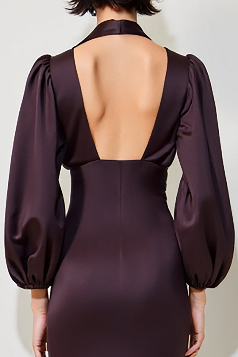 Laden Sie das Bild in den Galerie-Viewer, Dunkelrotes Etui Midi Kleid für Hochzeitsgäste mit langen Ärmeln