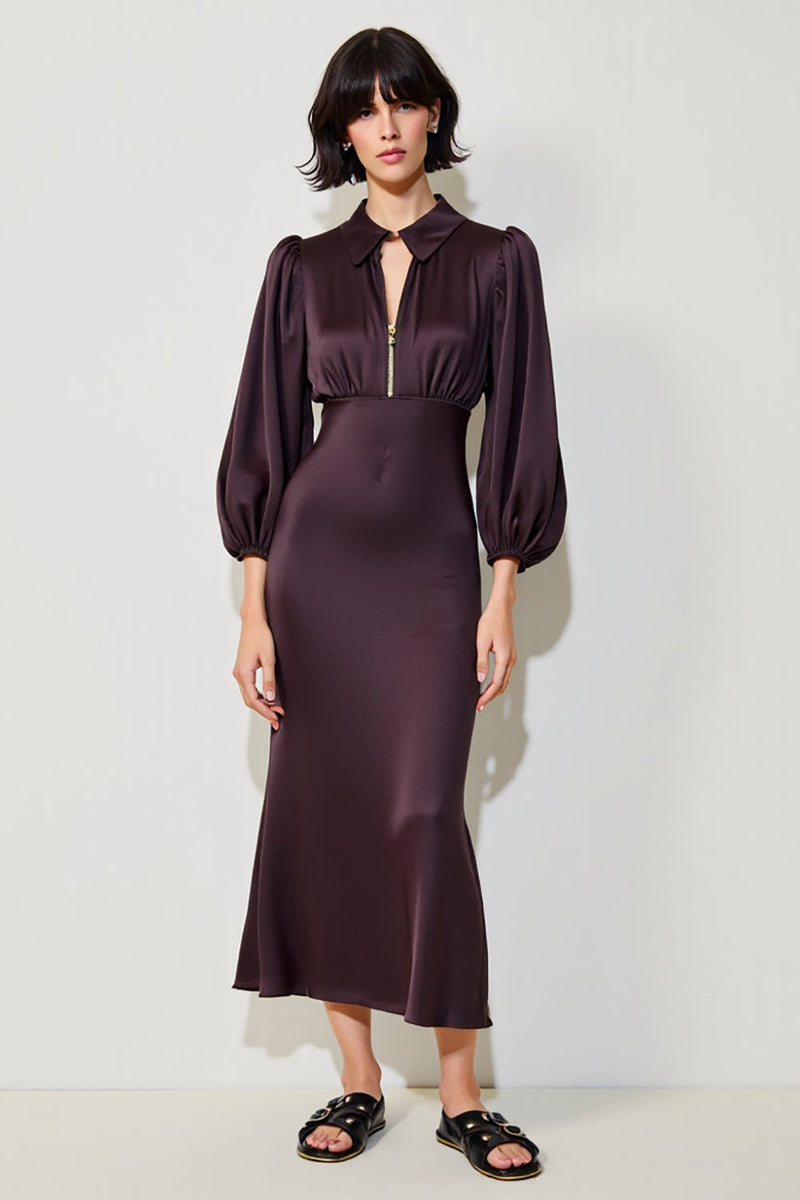 Laden Sie das Bild in den Galerie-Viewer, Dunkelrotes Etui Midi Kleid für Hochzeitsgäste mit langen Ärmeln