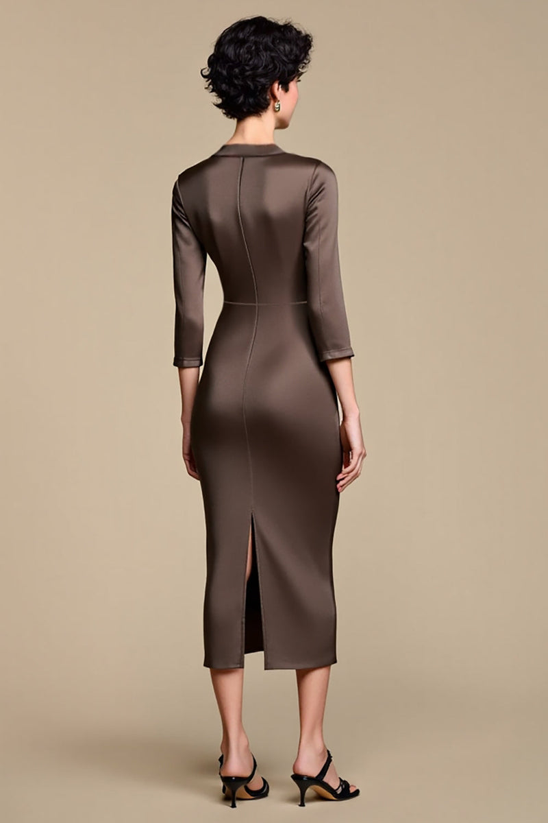 Laden Sie das Bild in den Galerie-Viewer, Braunes Midi Etui Arbeitskleid mit gekerbtem Revers