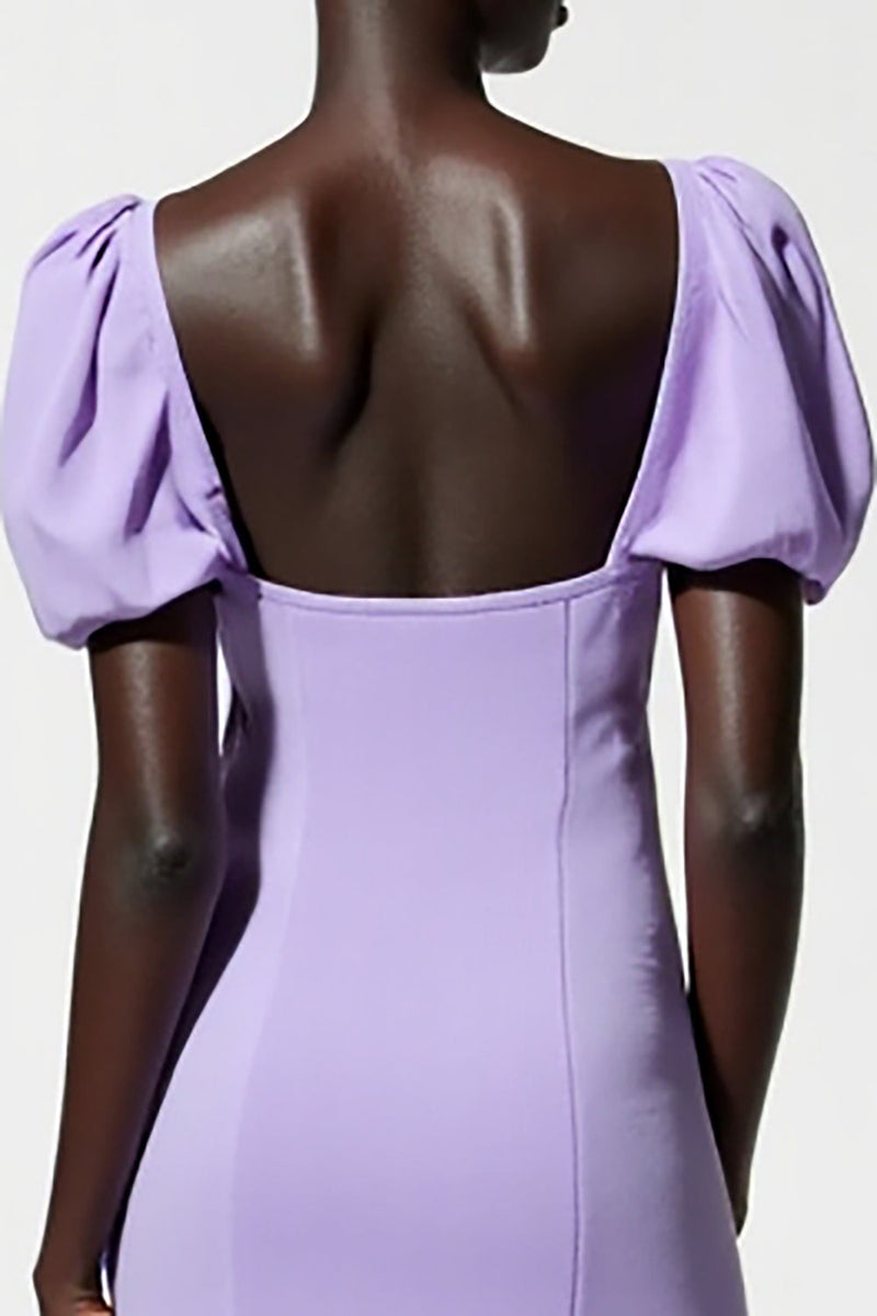 Laden Sie das Bild in den Galerie-Viewer, Lila A Linie Midi Kleid für Hochzeitsgäste mit Puffärmeln