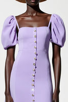 Laden Sie das Bild in den Galerie-Viewer, Lila A Linie Midi Kleid für Hochzeitsgäste mit Puffärmeln