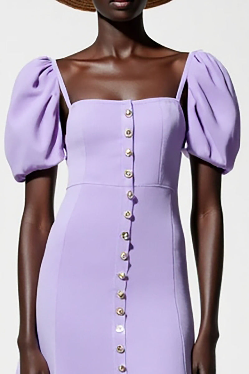 Laden Sie das Bild in den Galerie-Viewer, Lila A Linie Midi Kleid für Hochzeitsgäste mit Puffärmeln