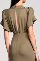 Laden Sie das Bild in den Galerie-Viewer, Olive Etui Midi Kleid für Hochzeitsgäste mit V-Ausschnitt und Pailletten