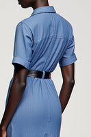 Laden Sie das Bild in den Galerie-Viewer, Blaues Mini Arbeitskleid mit gekerbtem Revers und Gürtel