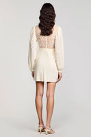 Laden Sie das Bild in den Galerie-Viewer, Lange Ärmel Stehkragen Elfenbein Spitze Kleid für Hochzeitsgäste