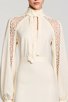 Laden Sie das Bild in den Galerie-Viewer, Lange Ärmel Stehkragen Elfenbein Spitze Kleid für Hochzeitsgäste