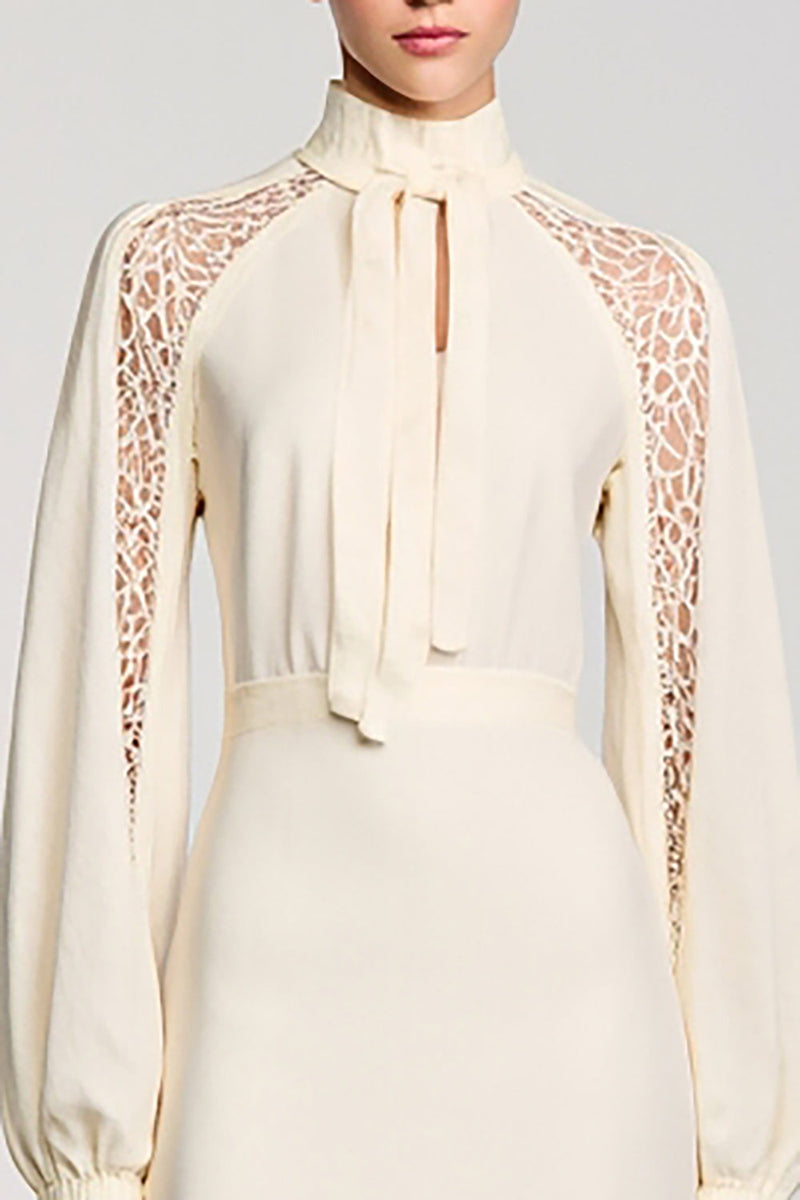 Laden Sie das Bild in den Galerie-Viewer, Lange Ärmel Stehkragen Elfenbein Spitze Kleid für Hochzeitsgäste