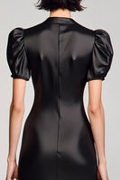 Laden Sie das Bild in den Galerie-Viewer, A Linie Schwarzes Langes Hochzeitsgastkleid mit Puffärmeln