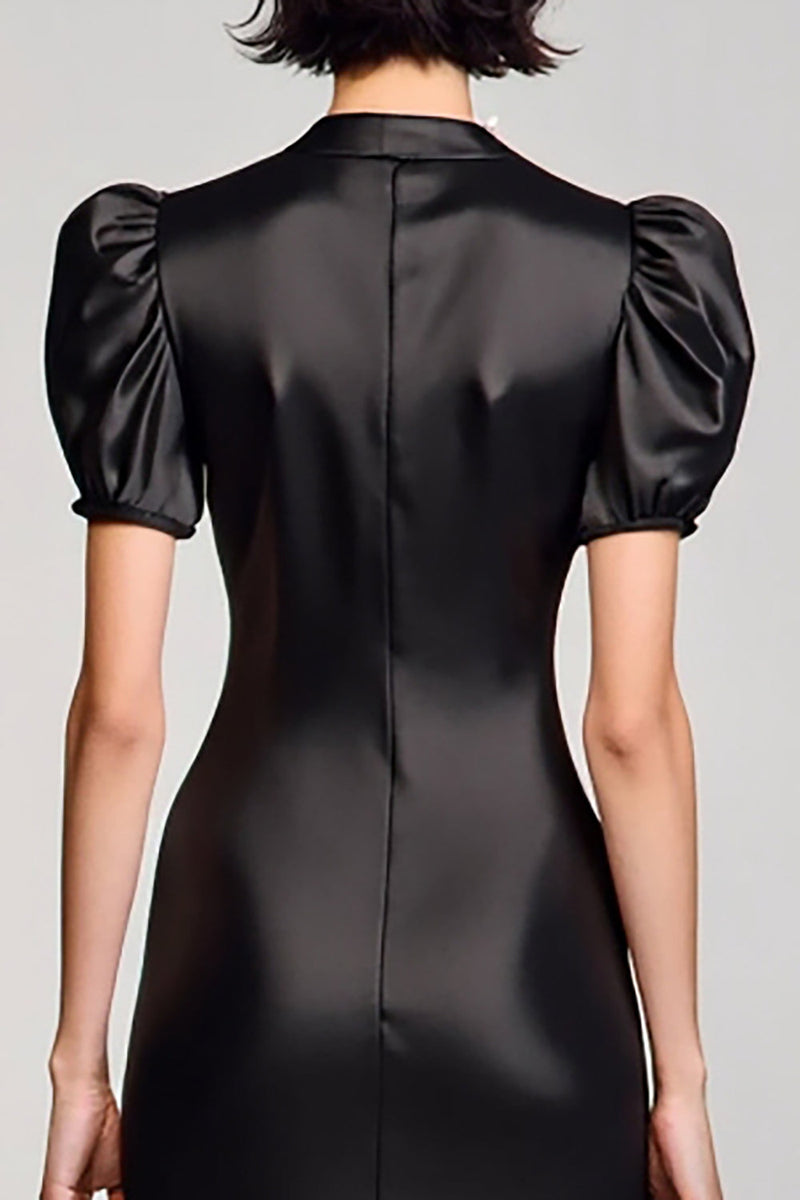 Laden Sie das Bild in den Galerie-Viewer, A Linie Schwarzes Langes Hochzeitsgastkleid mit Puffärmeln